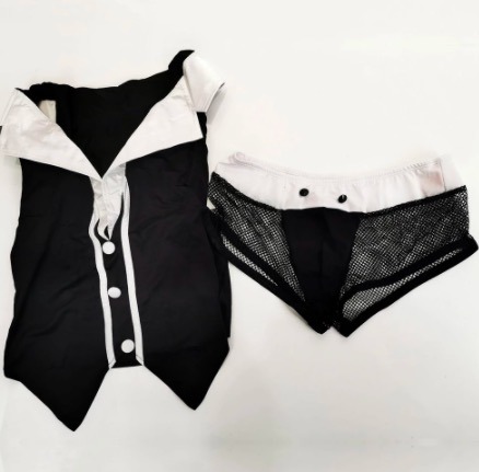 Biancheria intima della cinghia della tanga di Lingerie Suit Tuxedo del cameriere del ′ s Butler degli uomini con il collare ed i braccialetti della cravatta a farfalla